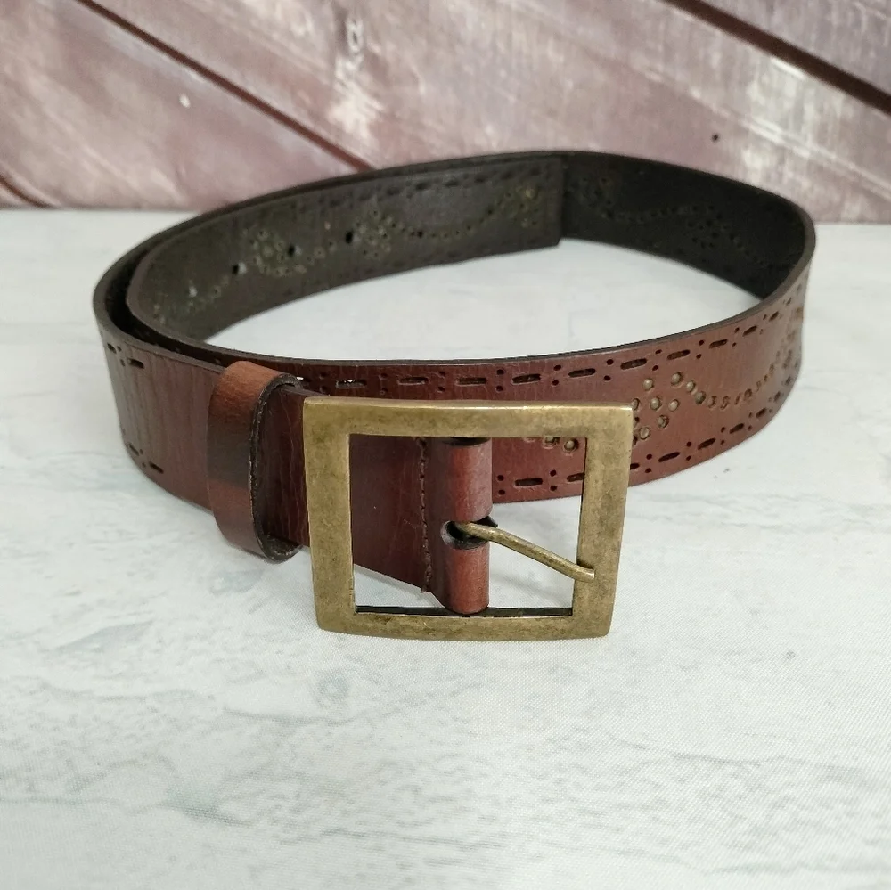 Unisex Brown Leather Belt Embossed Brass Brads Buckle Diecut Western Retro